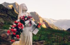 Votive Virgin Mary sculpture at Roccia dell'Apparizione (Rock of the Apparition) in the mountains of Vinadio: Piedmont, Italy; near the sanctuary of Sant'Anna (Saint Anne)