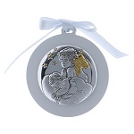 Medalhão berço Anjo estrelas fita branca bilaminado detalhes ouro