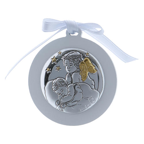 Medalhão berço Anjo estrelas fita branca bilaminado detalhes ouro