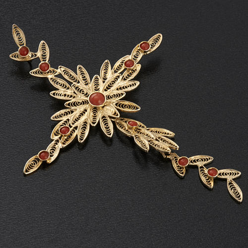 Pingente cruz estilizada filigrana prata 800 coral 7,9 g