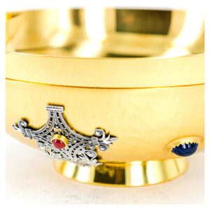 Píxide baixa latão dourado acetinado com pedras e filigrana